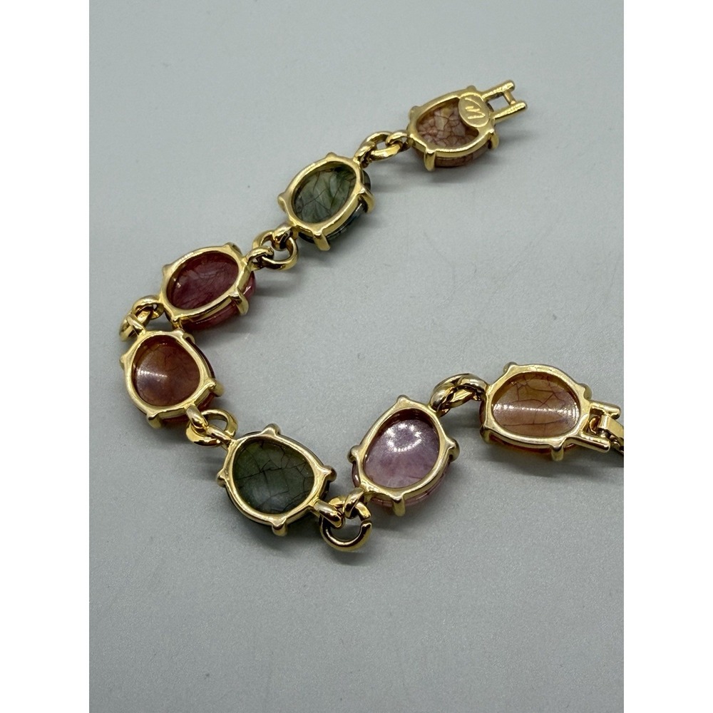 Liz Claiborne Acrylic Bracelet Gold Tone Link Multicolor Cabochon Chunky Vintage - Picture 5 of 13